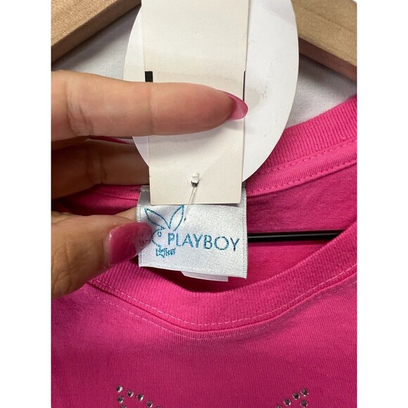 PLAYBOY Rare Vintage Y2K NWT Pink Silver Rhinestone Bling Sexy Tee Shirt XL - Picture 5 of 11